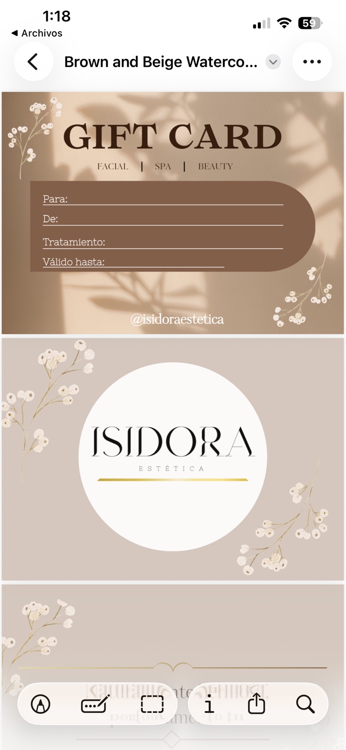 Gift Card de Isidora Estética: un regalo para disfrutar de cuidado facial, spa y belleza.